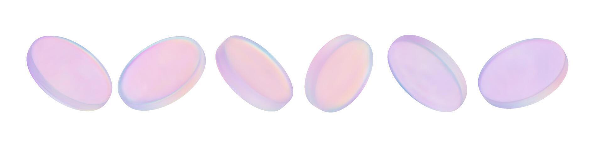 3D holographic coins with glass effect floating. Chrome holographic badge and crystal disk shine in neon purple light. Soft iridescent pastel disks floating in sequence on white background. vector