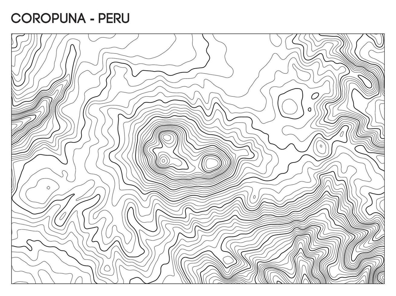 Topographic contour map of Coropuna volcano in Peru featuring cratered summit and rugged Andean elevation. Contour lines terrain background. vector