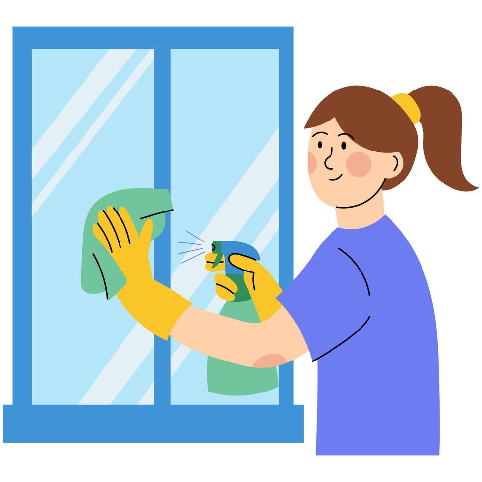 Woman cleaning window with spray and cloth. Smiling woman wearing rubber gloves while cleaning a window using a spray bottle and green cloth, representing household chores. vector