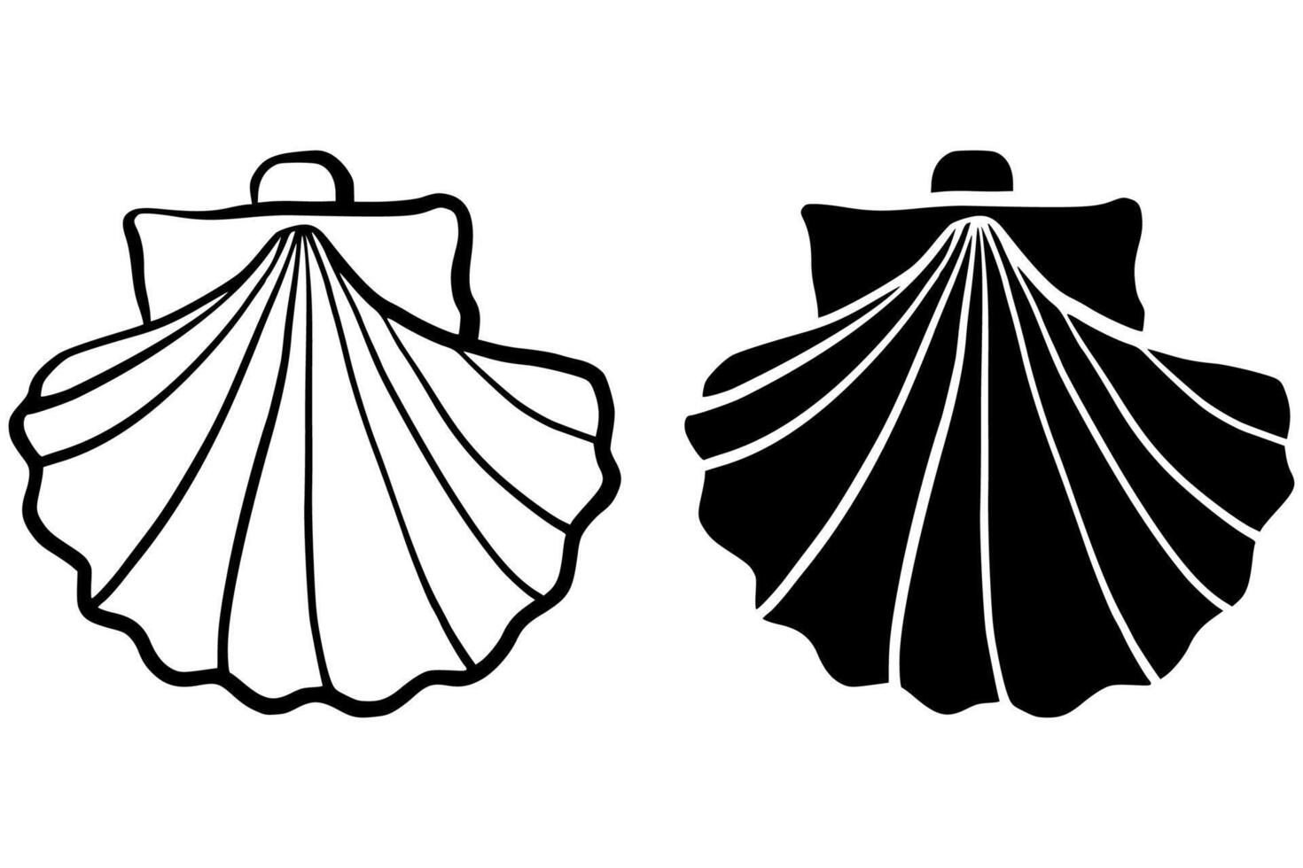 Hand draw outline silhouette seashell icon set isolated on white background. Hand drawn marine shell in monochrome line art style. Perfect for minimalist design, nature-themed prints, tattoo ideas, vector