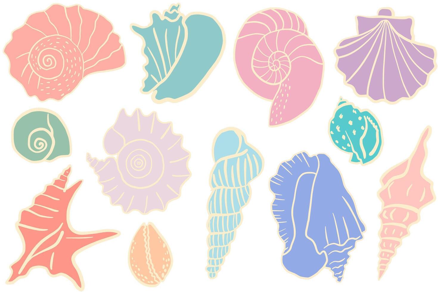 Set of colorful ink seashell illustrations. Cute hand drawn marine collection in soft pastel colors. Includes various seashells in playful shapes and delicate tones. Perfect for summer design vector