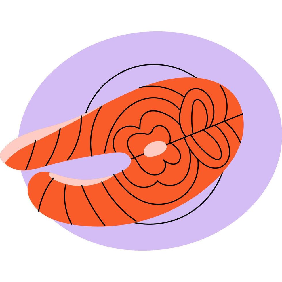 Illustration of a slice of salmon on a plate. Perfect for themes related to healthy eating, seafood dishes, nutrition, pescatarian lifestyle, and culinary visuals. vector