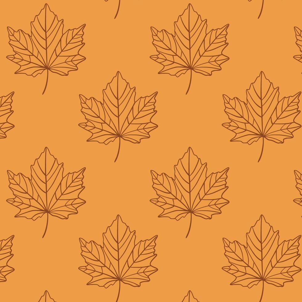 Seamless maple leaf pattern on yellow background. Autumn maple leaves arranged in a seamless repeat pattern with a bold yellow background, perfect for seasonal design. Fall line art of foliage. vector