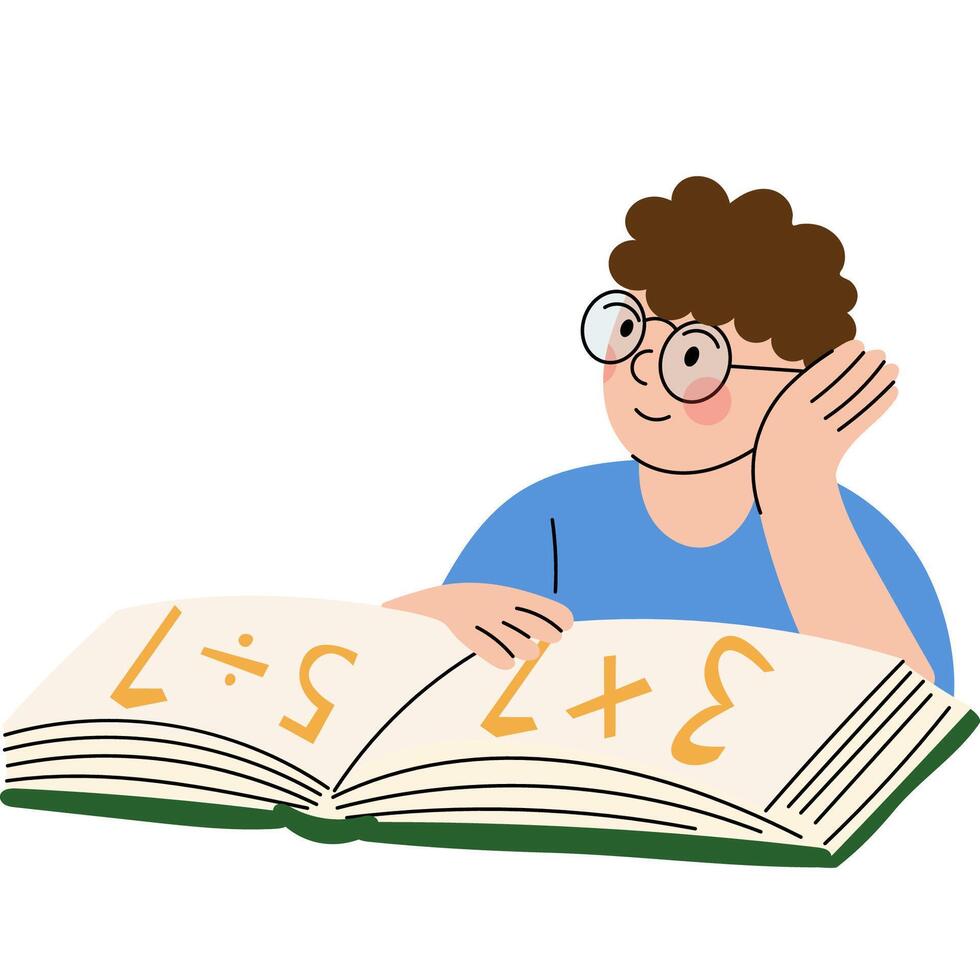 Child learning math from a workbook illustration. Child studying mathematics from a book, focused on solving basic arithmetic equations. vector