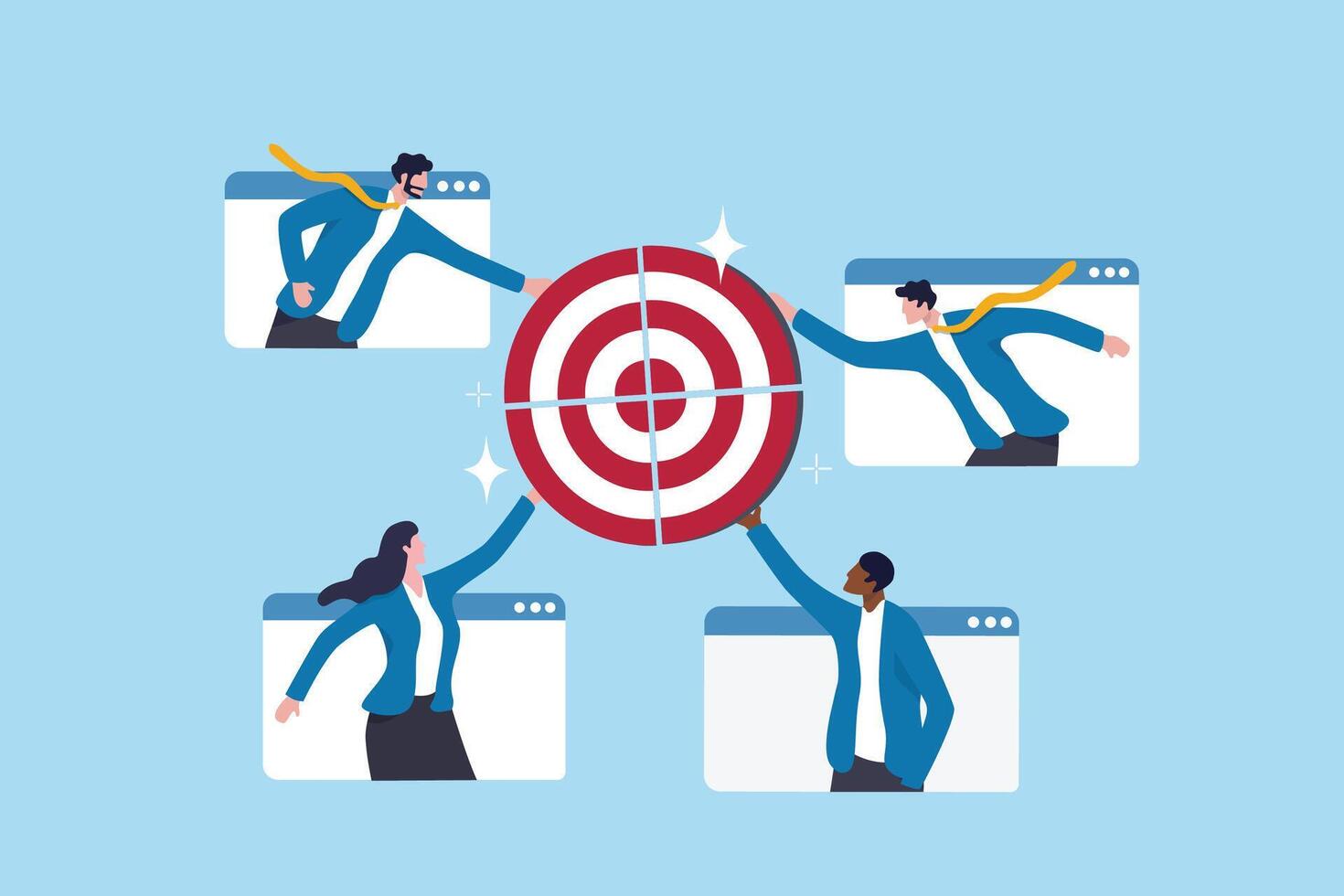 Meeting objective, agenda or company goal, target achievement planning strategy, teamwork colleagues working together on same target, business people coworker connecting target objective jigsaw. vector