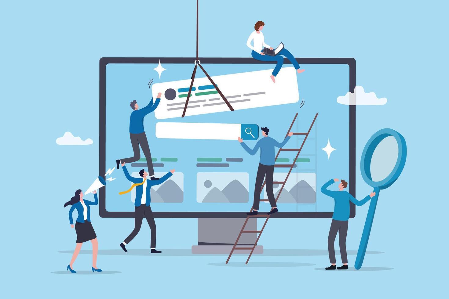 Teamwork develop website, building software or application project, team planning or website optimization, digital collaboration concept, business people team help build website on computer monitor. vector