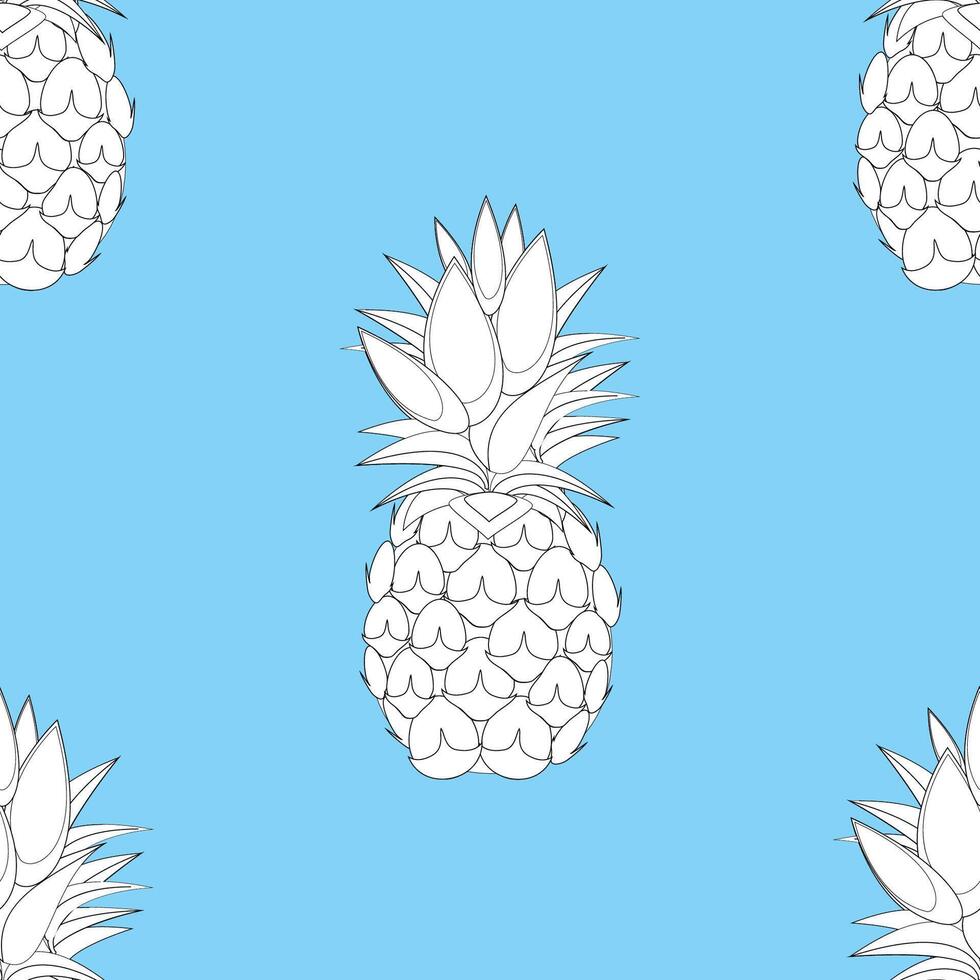 Pineapple fruit line art seamless pattern on aqua blue abstract background vector