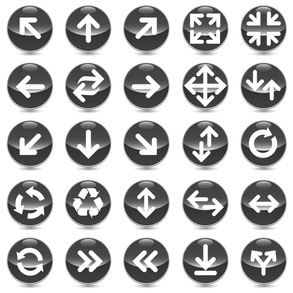 Arrow icon set. Arrow. Collection different arrow signs on black shiny ball. Different arrow on direction symbols in 3d style. vector