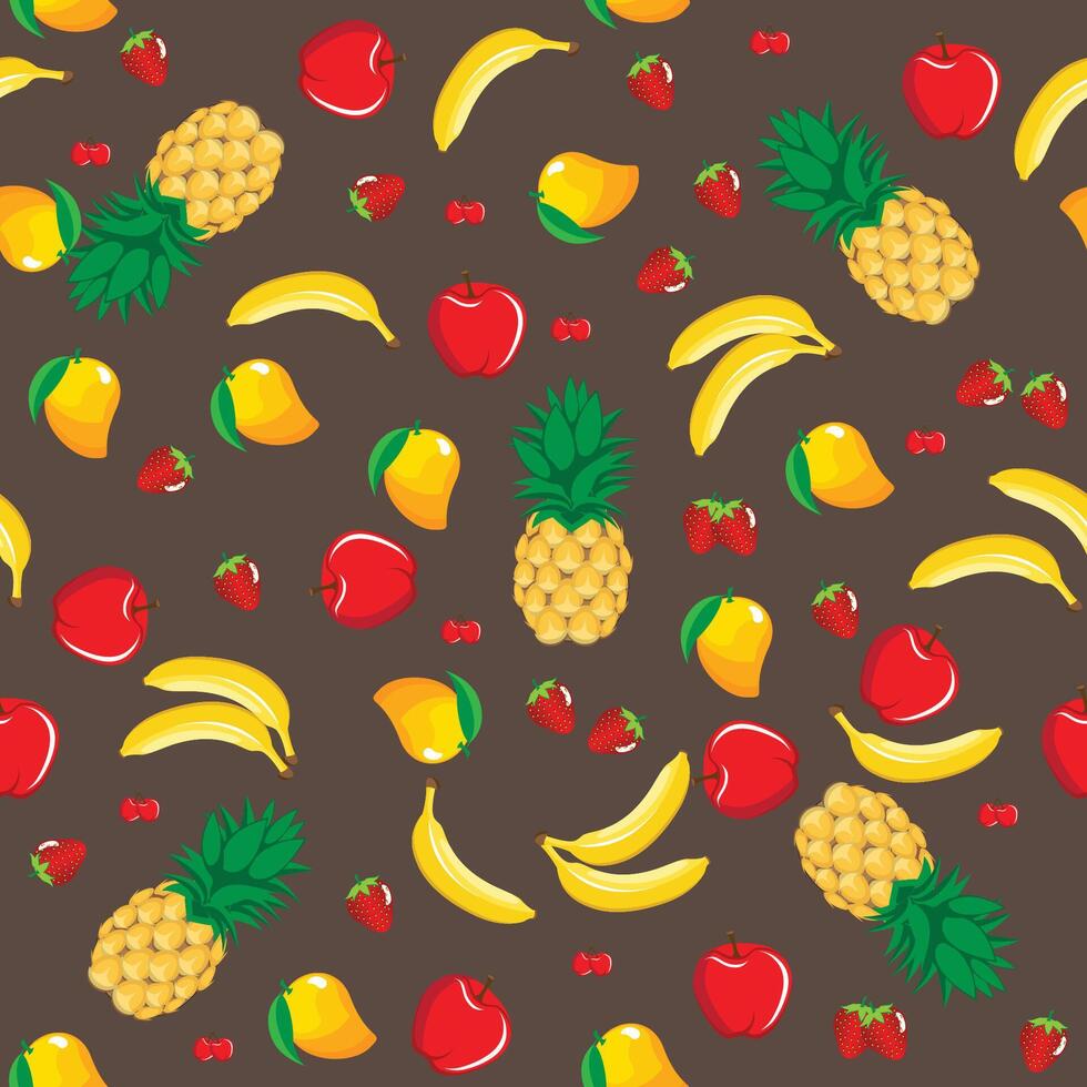 Mango pineapple apple strawberry banana cherry mix fruits abstract seamless pattern on brown background vector