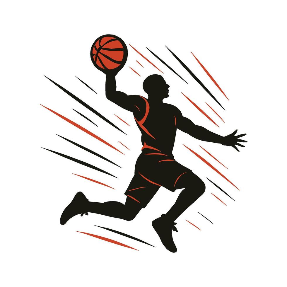 Dynamic Basketball Slam Dunk Silhouette Clipart with Motion Lines - Bold Black and Orange Sports Action Illustration vector
