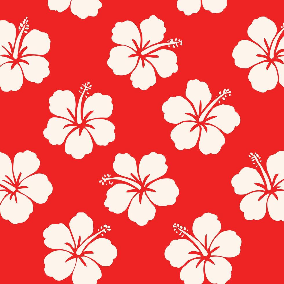 Tropical Hibiscus Pattern with Bold White Flower Silhouettes on Vibrant Red Background for Hawaiian-Style Summer Designs vector