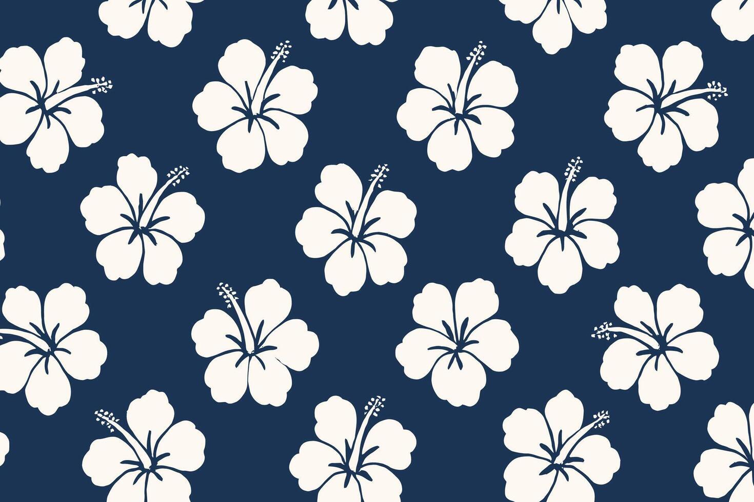 Tropical Hibiscus Pattern with Bold White Flower Silhouettes on Dark Blue Background for Hawaiian-Style Summer Textiles and Designs vector