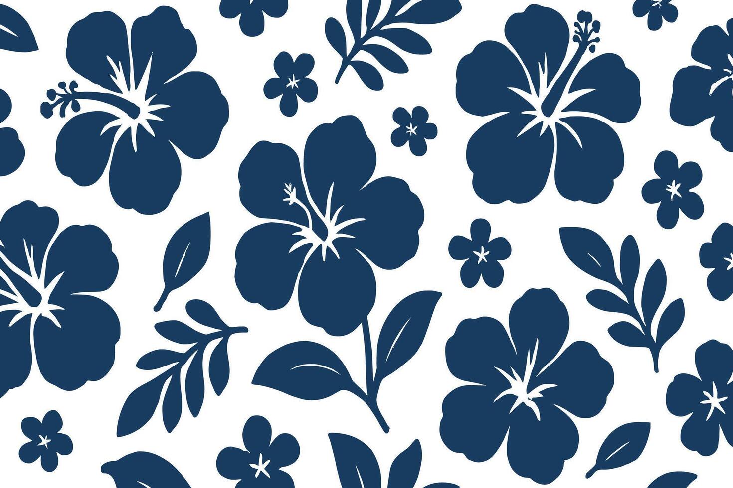Hawaiian Hibiscus Floral Pattern in Navy Blue on White Background vector