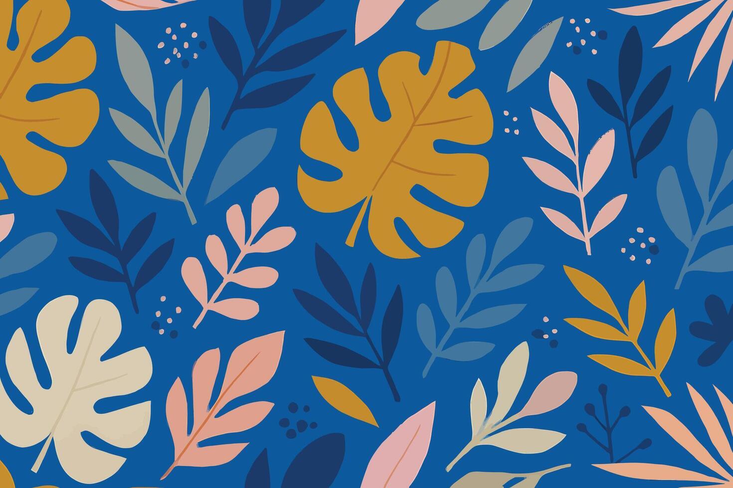 Modern Botanical Pattern with Colourful Tropical Leaves on Royal Blue Background vector