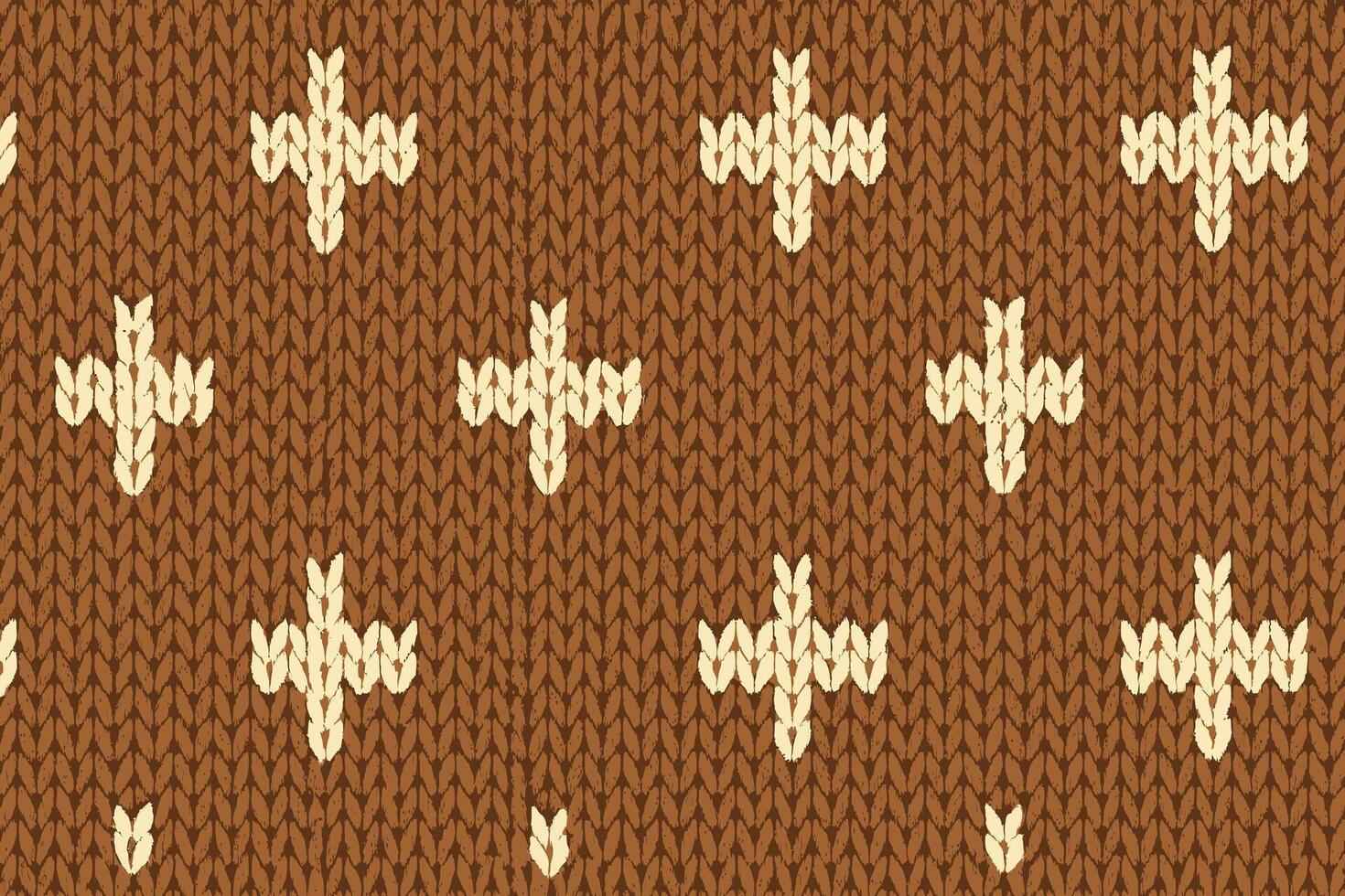 Knitted Texture Pattern with Off-White Cross Motifs on Warm Brown Background vector