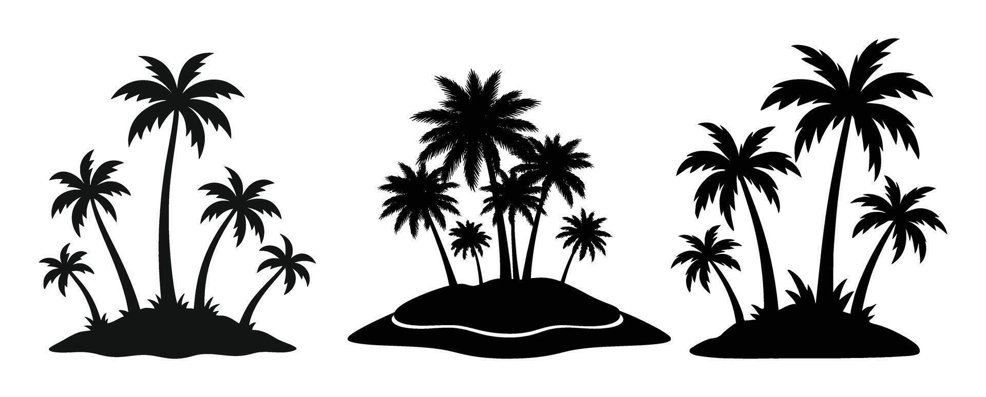 Silhouette Palm Tree Island Clipart Set Tropical Black Illustrations on White Background vector