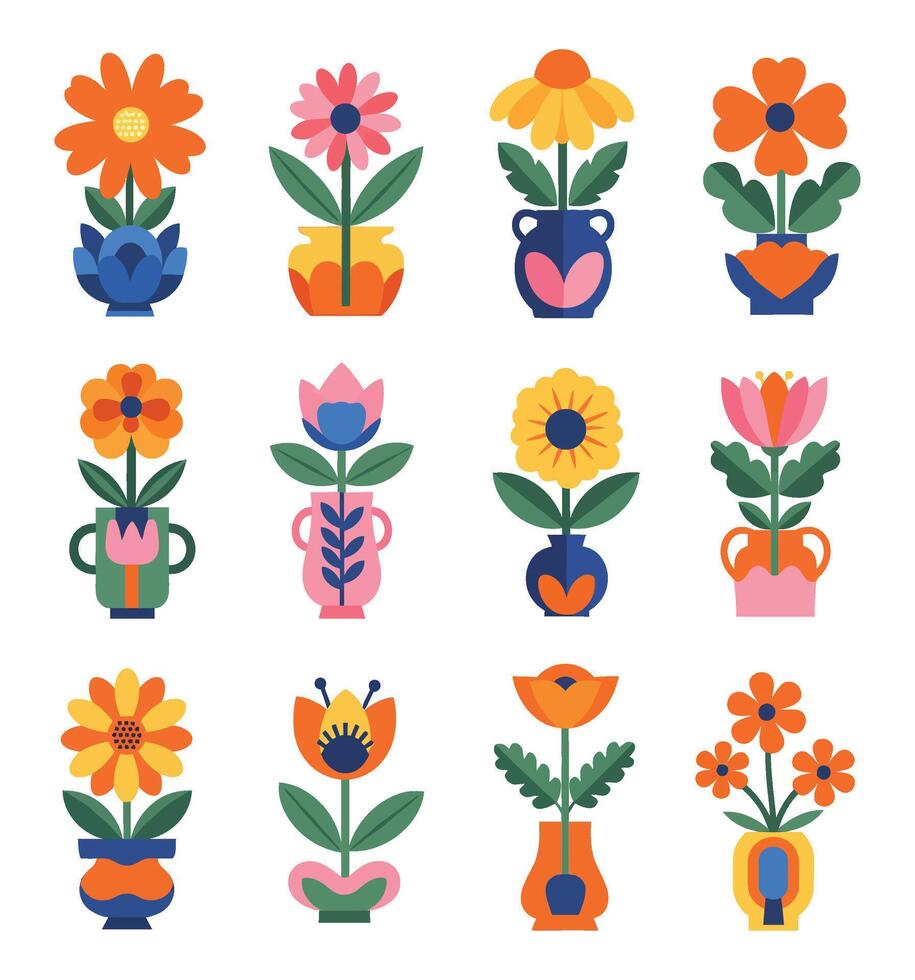 A Set of Flat Design Scandinavian Folk Art Flowers and Vases vector