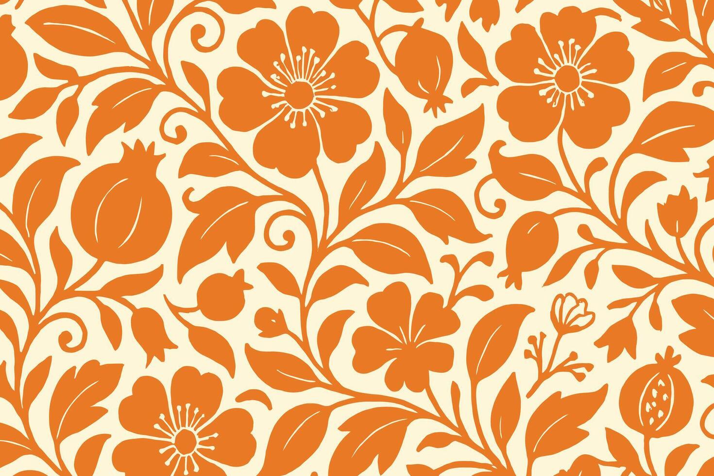 Vintage Floral Pattern with Bold Orange Flowers and Curved Vines on Cream Background vector