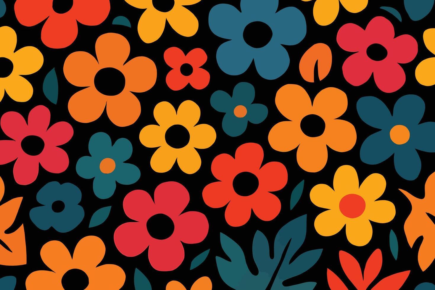 Retro floral pattern with bold and bright flowers on a dark background vector