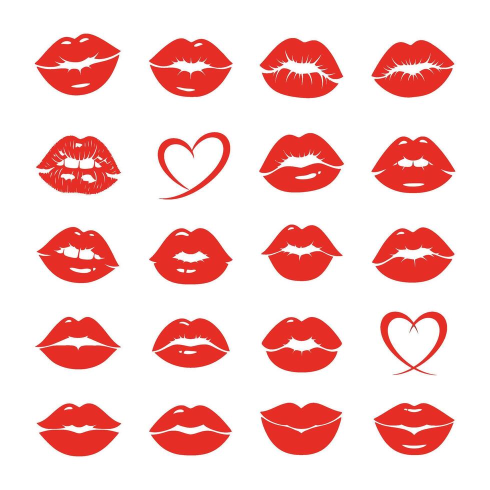 Red Lips Icon Set - Kiss Mark and Romantic Elements vector