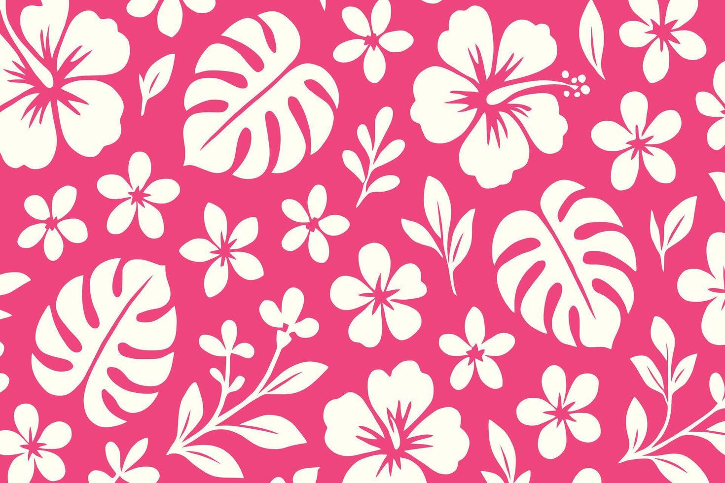 Tropical Pattern with White Hibiscus and Monstera Leaves on Hot Pink Background vector