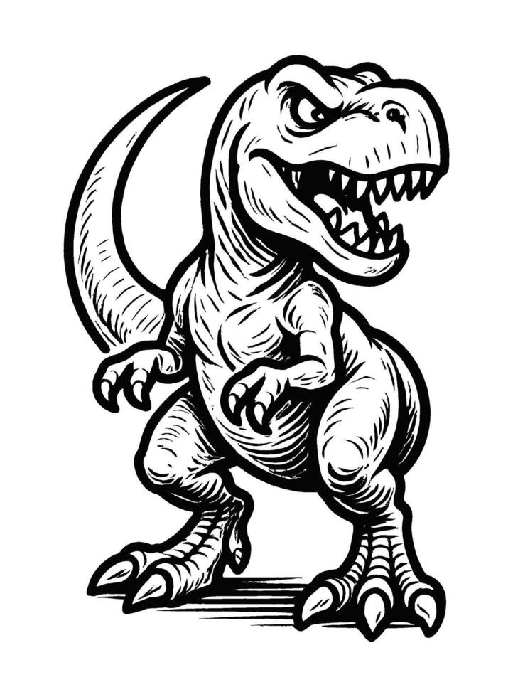 Aggressive T-Rex Dinosaur Black and White Cartoon Illustration vector