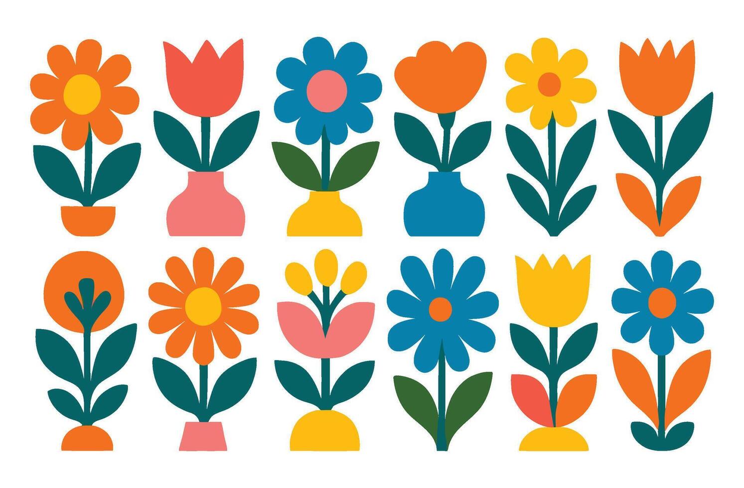 Folk Art Style Colorful Flower and Vase Illustrations Set vector
