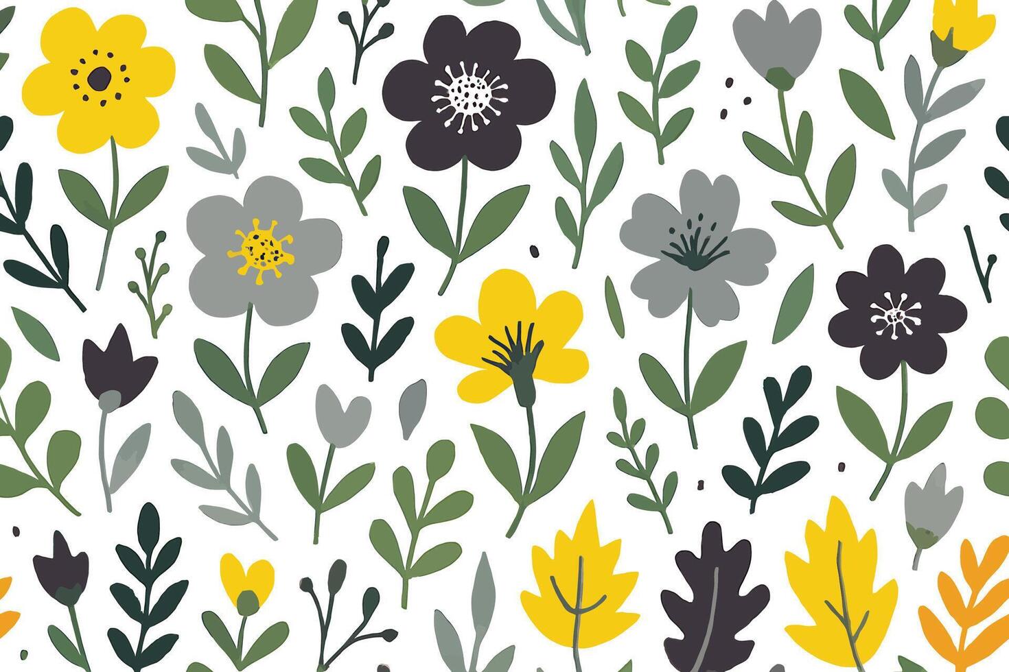 Scandinavian Folk-Art Floral Pattern with Yellow, Grey, and Dark Purple Flowers and Green Foliage on White Background for Spring-Themed Designs vector