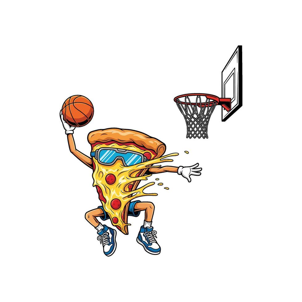 Funny Pizza Slice Slam Dunking Basketball Clipart Cartoon Food Character with Goggles and Cheese vector