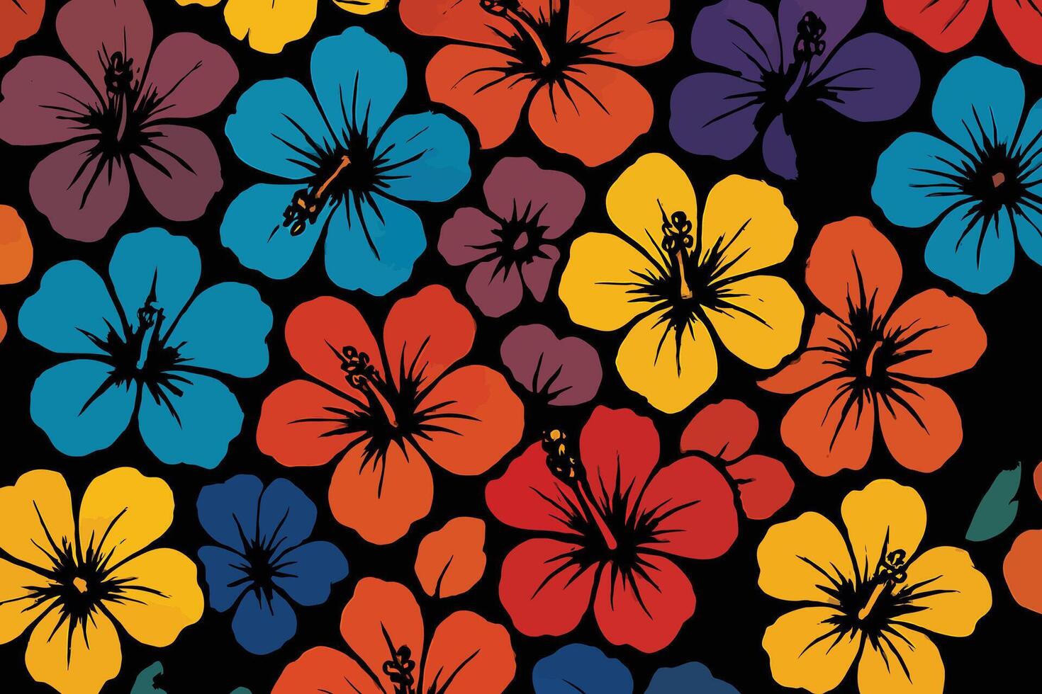 Tropical Hibiscus Flower Pattern with Bold Colors on Black Background vector