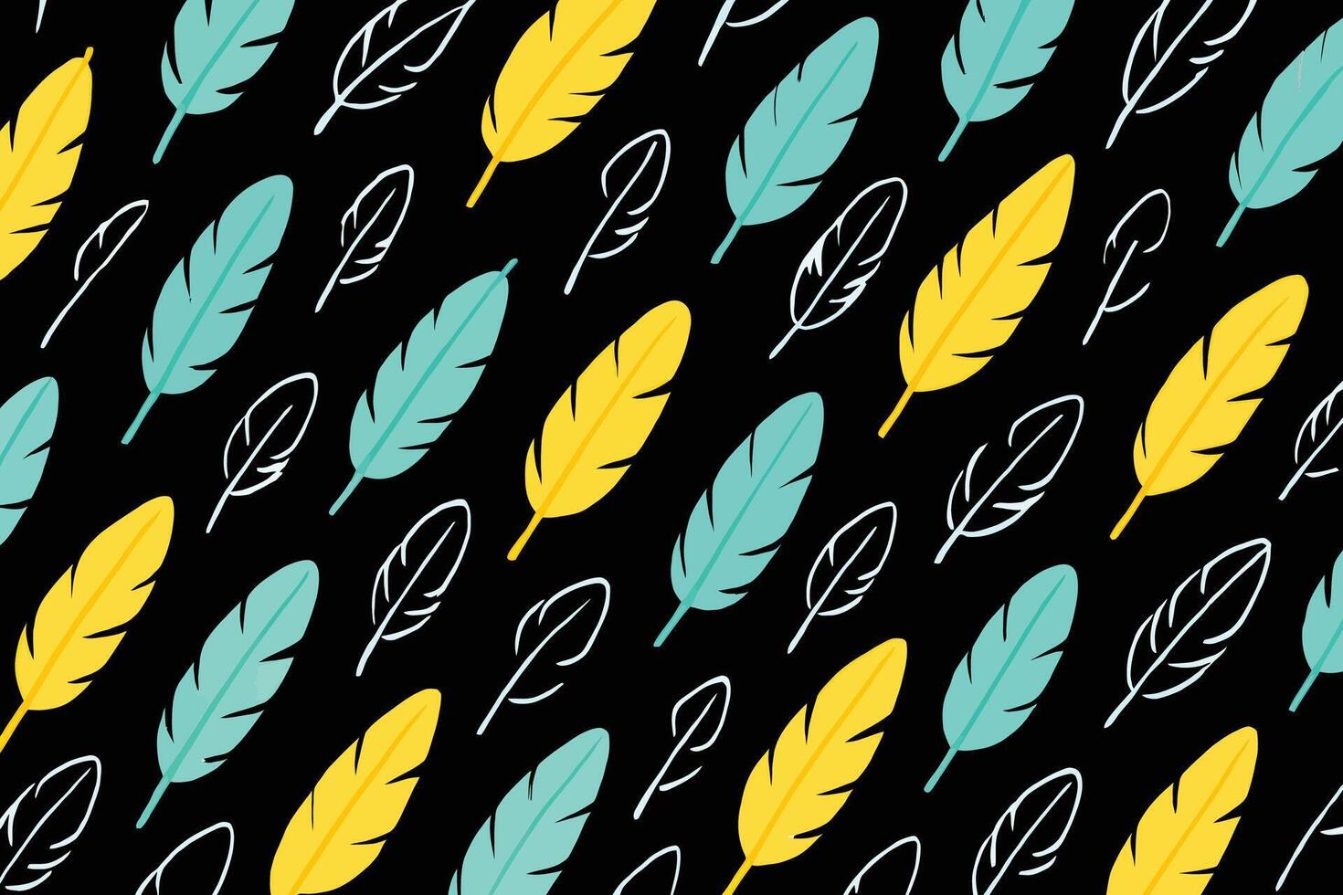 Hand-Drawn Feather Pattern with Yellow and Turquoise Feathers and White Outlines on Black Background vector