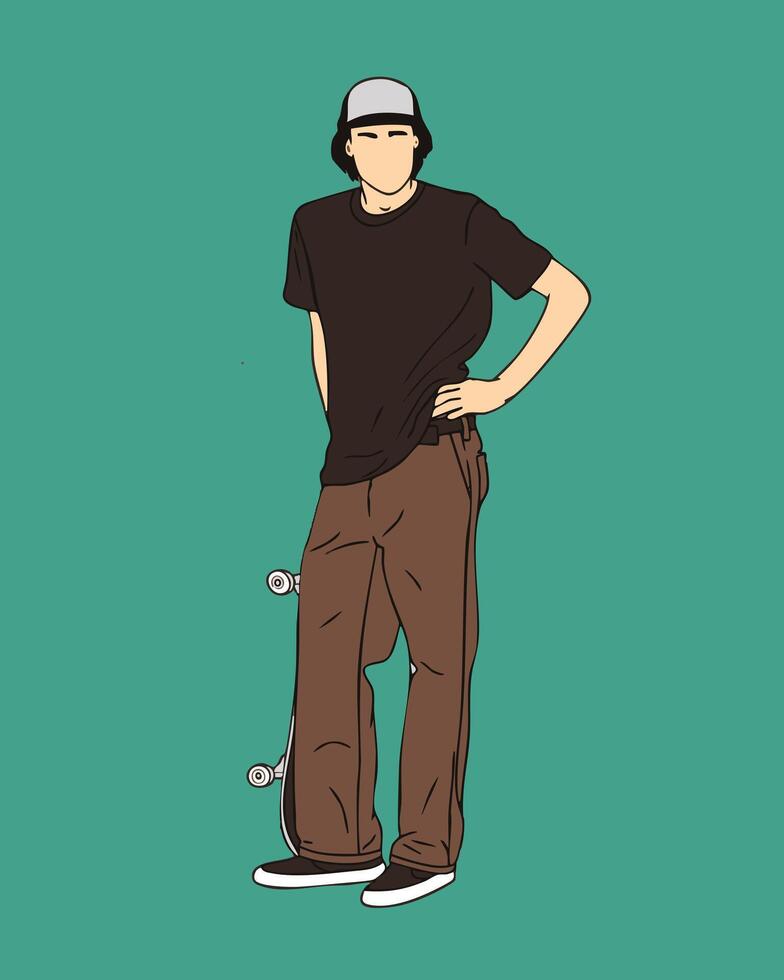 Skateboarder in Streetwear Posing with Skateboard vector