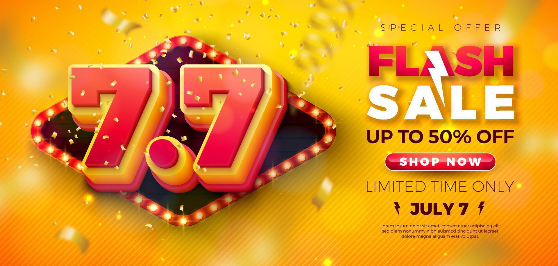 7 July Shopping Day Flash Sale Design with 3d 7.7 Multilayer Number, Light Bulb Billboard and Falling Confetti on Yellow Background. Summer Special Offer 50 Percent Off Campaign Discount vector