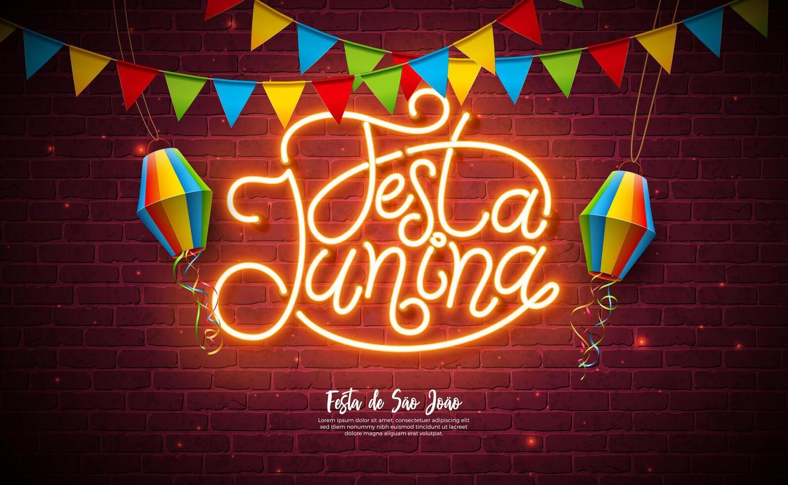 Festa Junina Banner Illustration with Party Flags and Paper Lantern and Glowing Neon Light Letter on Vintage Brick Wall Background. Brazil June Sao Joao Festival Design with Typography vector