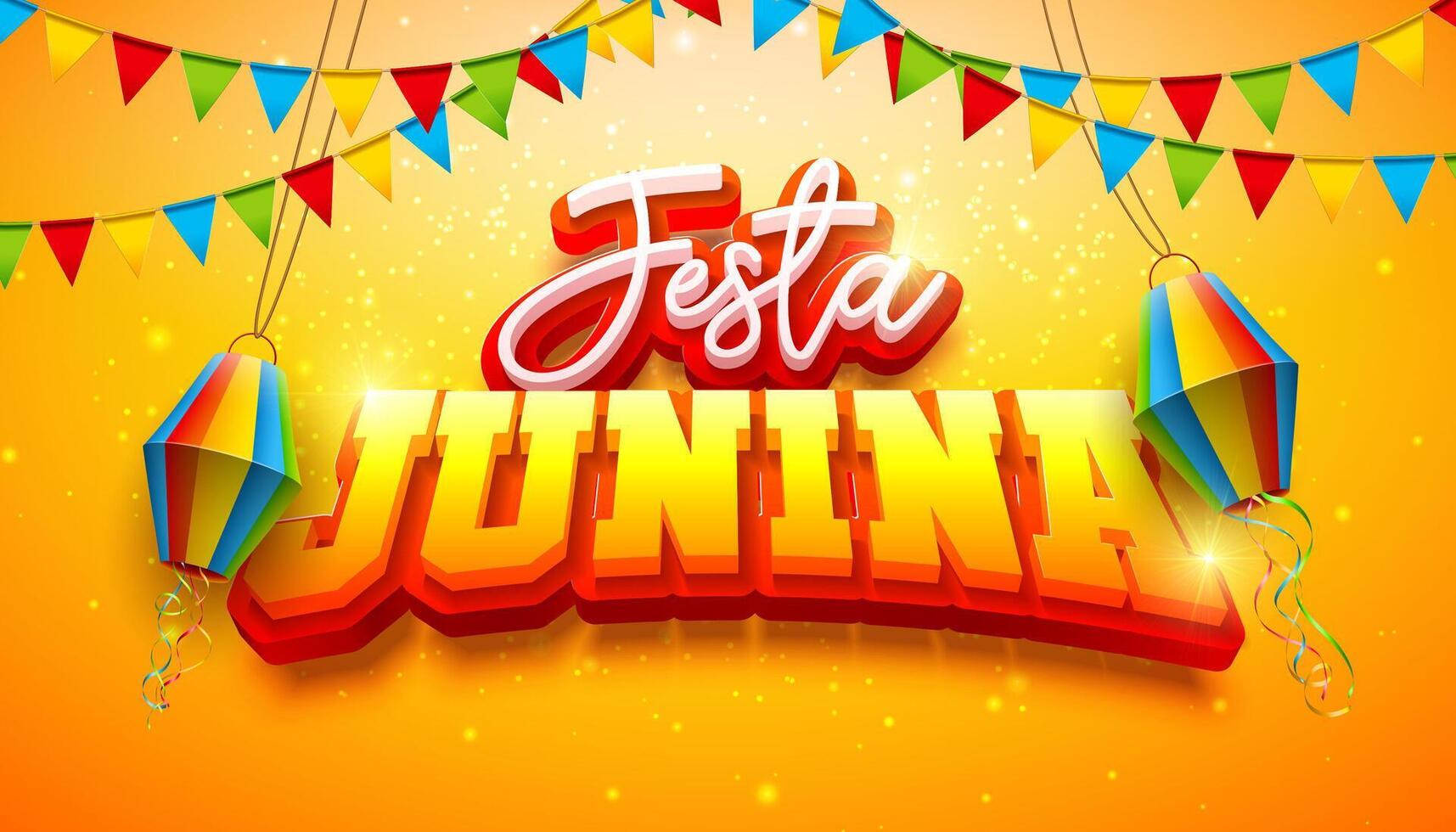 Festa Junina Illustration with Party Flags, Paper Lantern and 3d Typography Letter on Yellow Background. Brazil Sao Joao June Festival Design for Greeting Card, Banner or Holiday Poster. vector