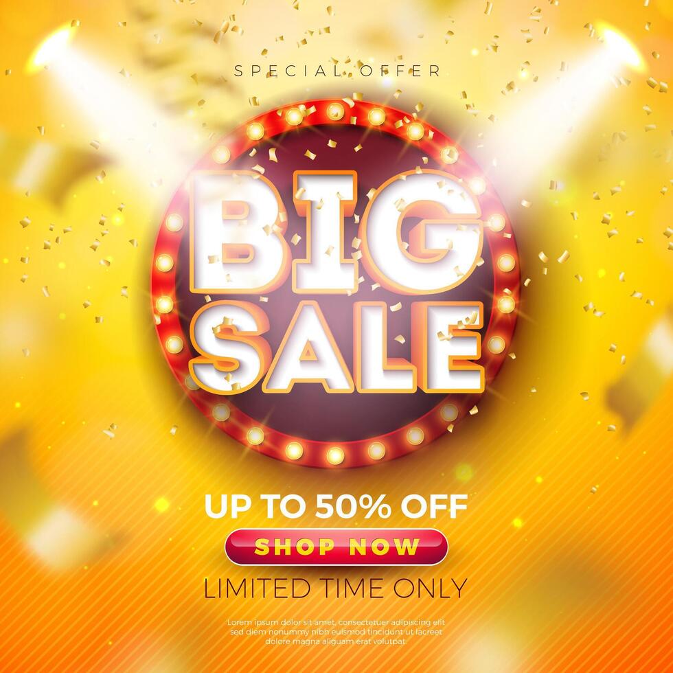 Big Sale Shopping Day Banner Design with Light Bulb Billboard and 3d Text Label on Yellow Falling Confetti Background. Special Offer Campaign Discount Illustration for Coupon, Voucher, Banner vector