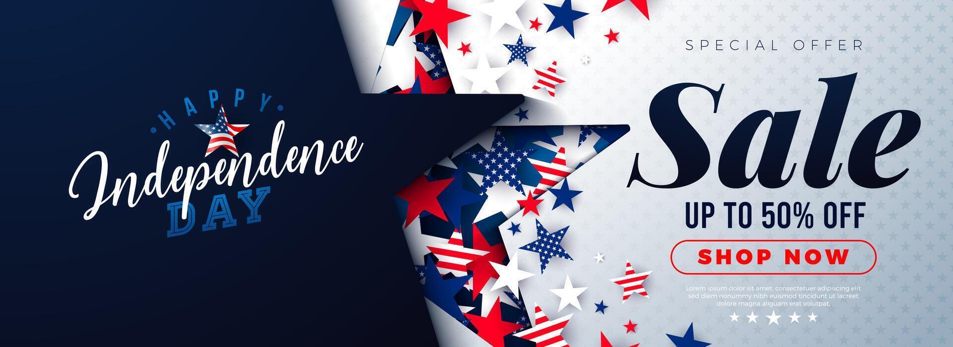 Fourth of July Independence Day Sale Banner Design with American Flag Pattern Falling Stars and Typography Lettering on Blue Background. 4th of July USA National Holiday Illustration with vector