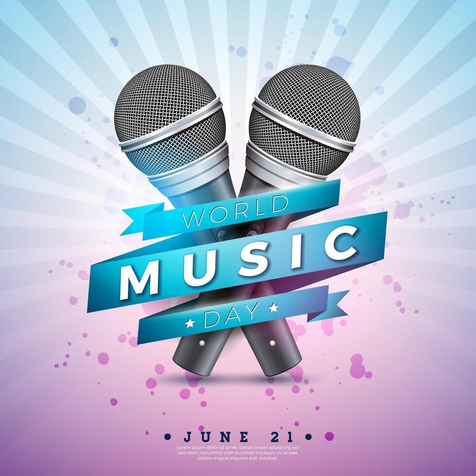 World Music Day Banner Illustration with Microphone and Typography Letter on Shiny Light Background. International June 21 Festival Design Template for Post Card, Greeting Card, Holiday Poster vector