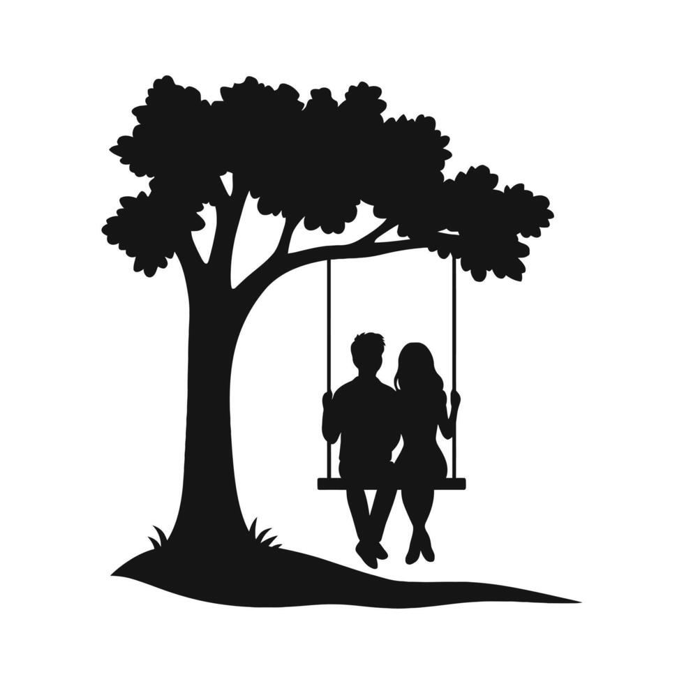 Couple Sitting on Swing Under Tree Silhouette vector