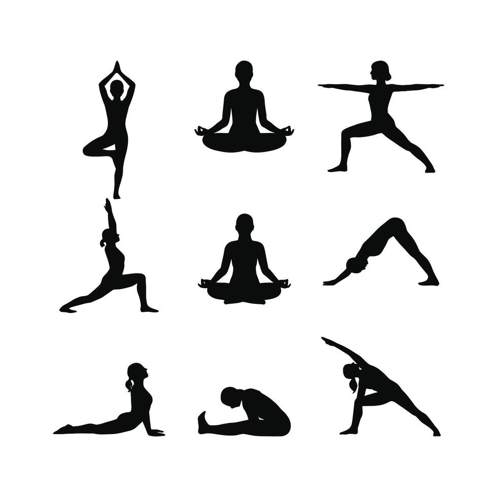 Silhouette Yoga Poses Collection in Meditation and Exercise Positions on White Background vector