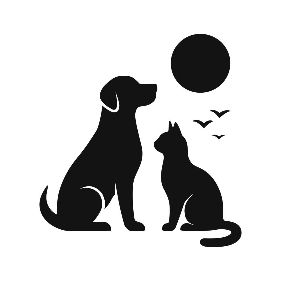 Silhouette of Dog and Cat Sitting Together Under Sun with Birds on White Background vector