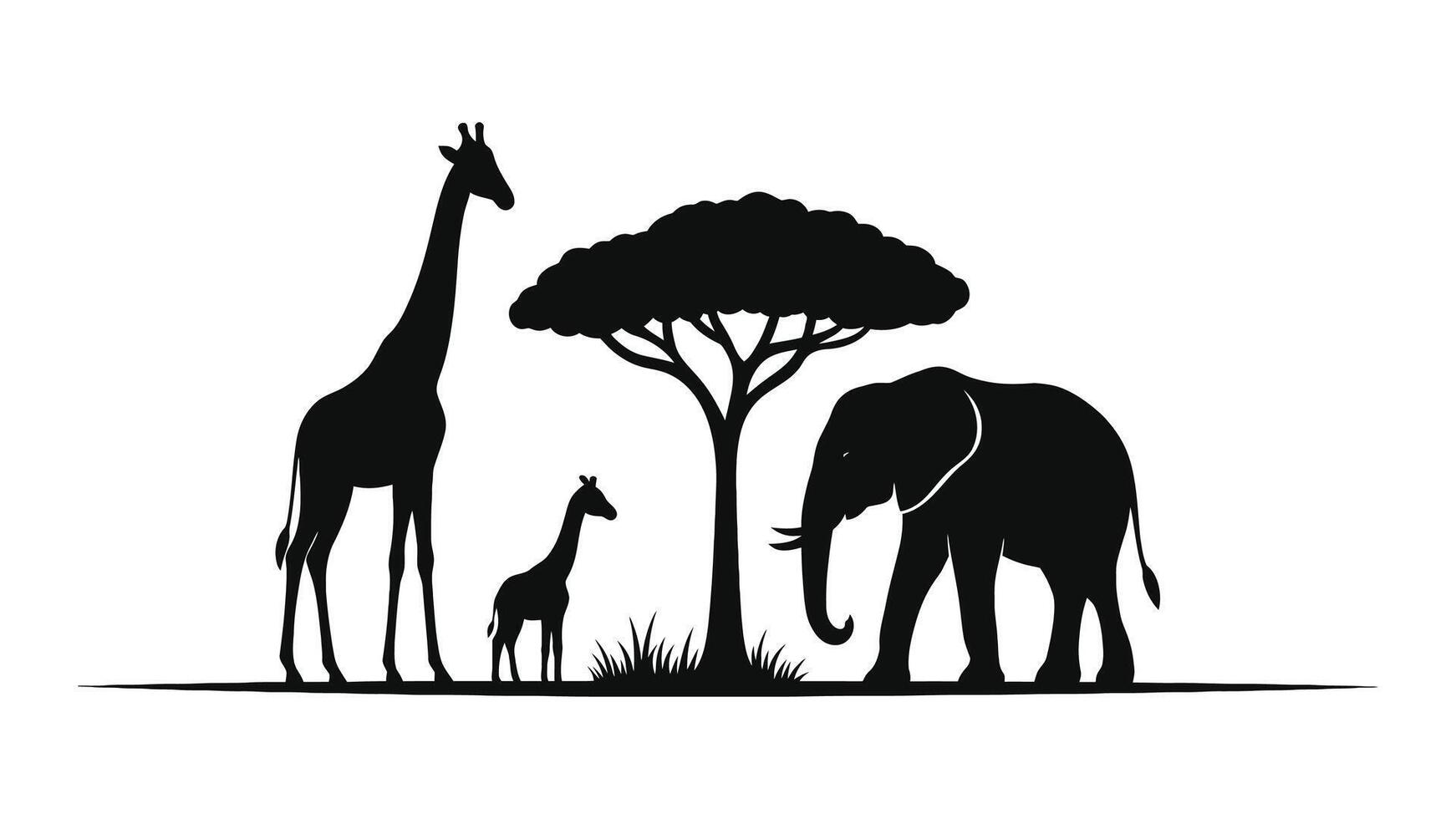 African Wildlife Silhouette with Giraffes Elephant and Acacia Tree on White Background vector