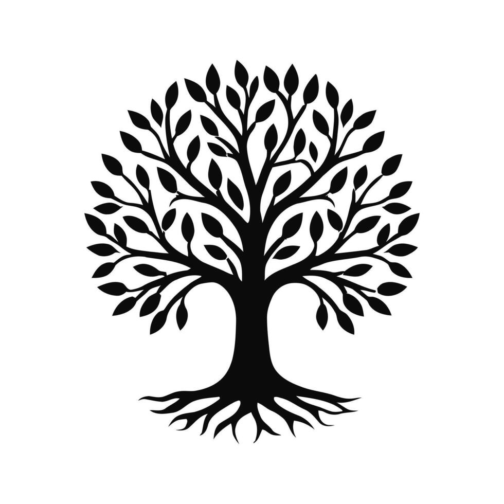 Symbolic Tree of Life with Roots and Leaves Silhouette vector