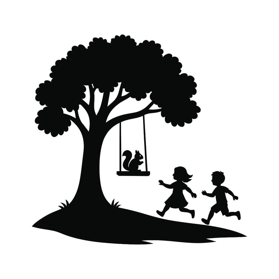 Children Playing Under Tree with Squirrel on Swing Silhouette Illustration vector