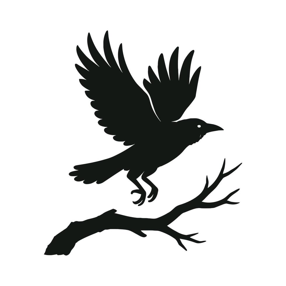 Flying Crow Landing on Tree Branch Silhouette vector