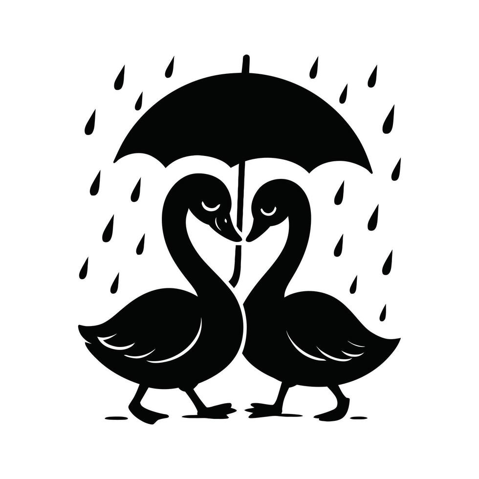 Romantic Duck Couple Under Umbrella in Rain Silhouette vector