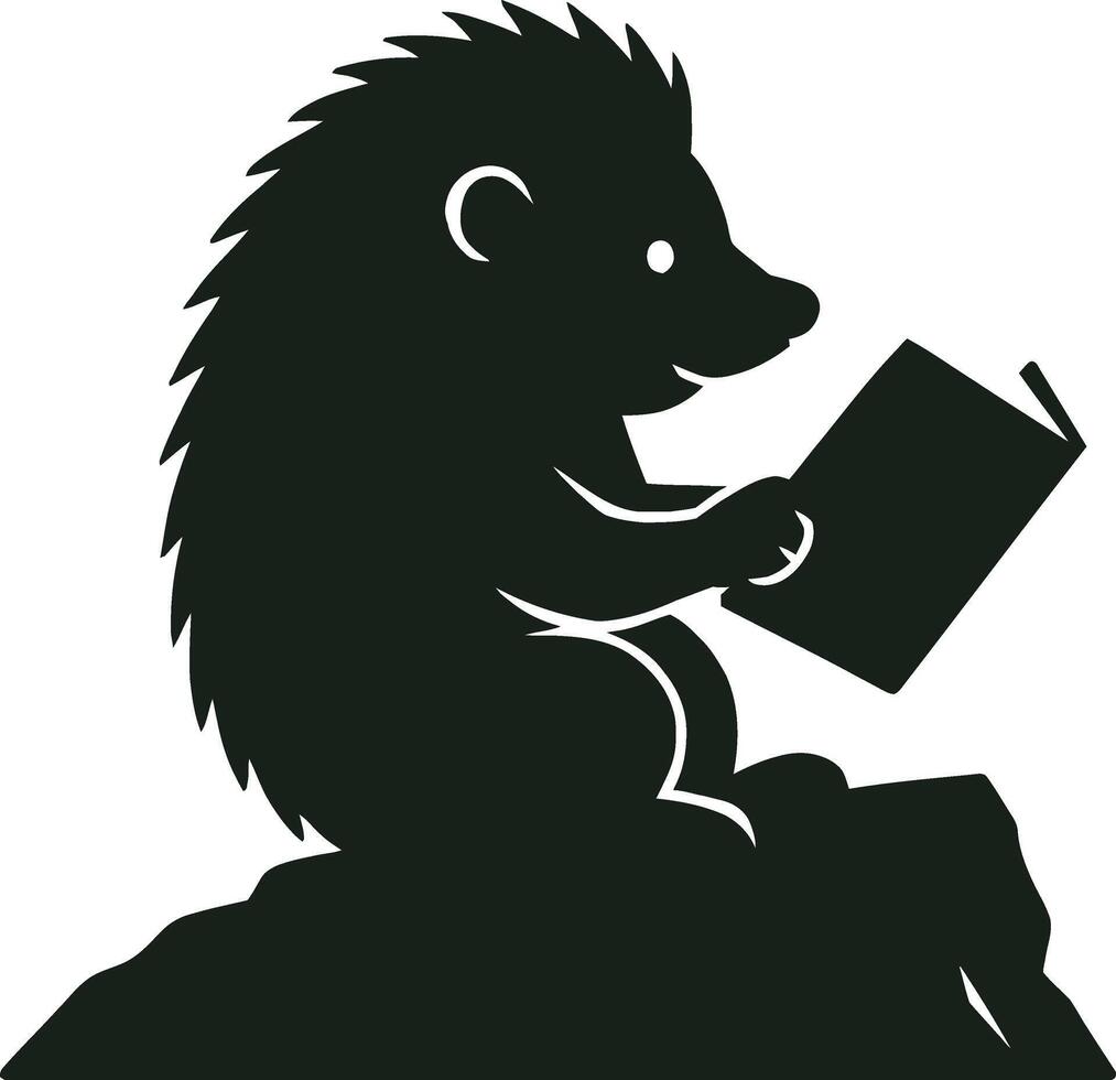 Adorable Hedgehog Sitting on Rock and Reading a Book vector