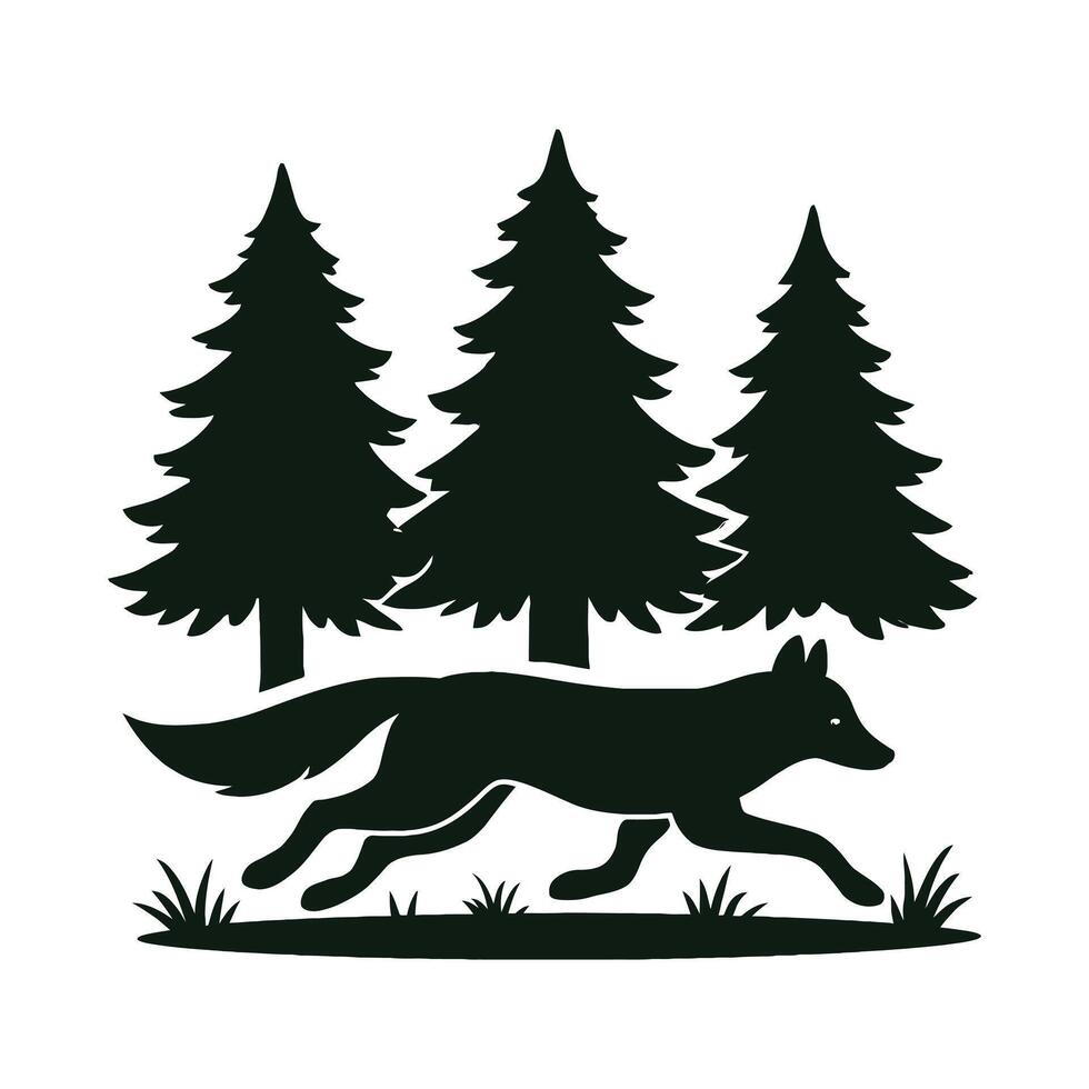 Running Wolf in Forest with Pine Trees Silhouette vector