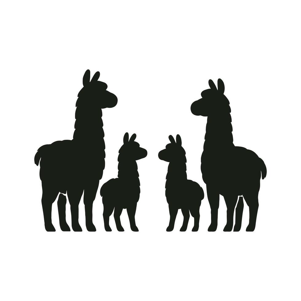 Llama Family Standing Together Silhouette vector