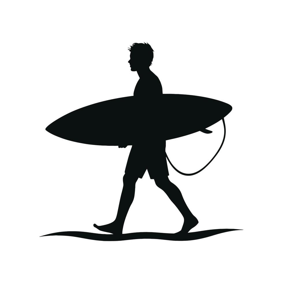 Surfer Walking with Surfboard Silhouette on Beach vector